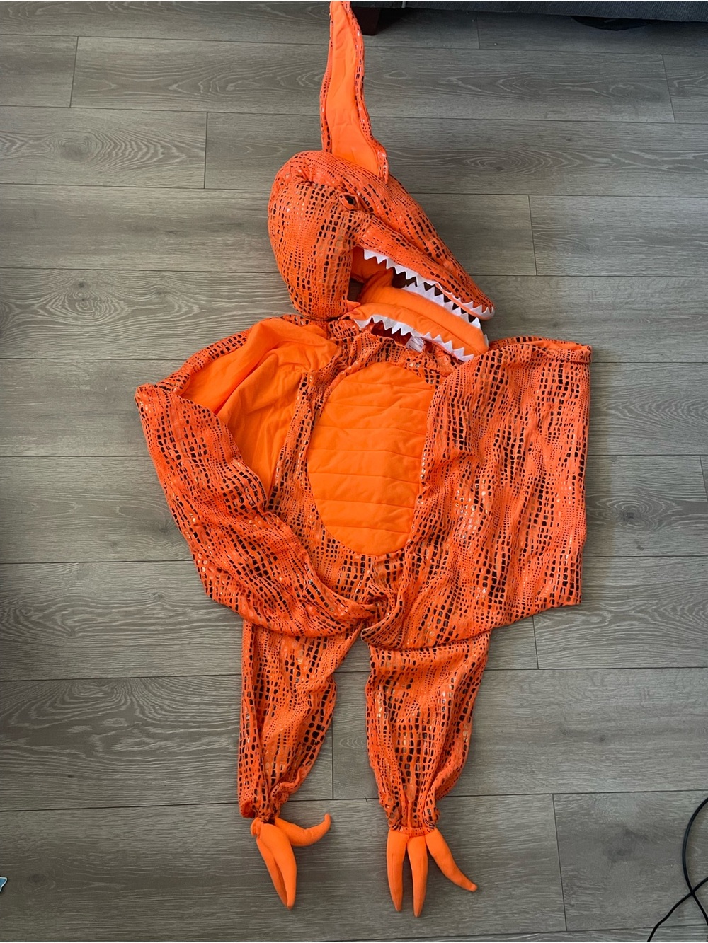 Pottery Barn Orange Dinosaur Costume with Hooded Head and Claws